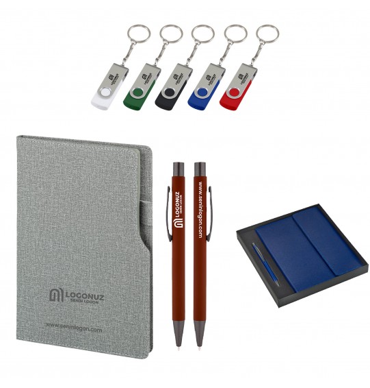 MGA-Z2320-K Gri Hediyelik Set -Termo Deri Not Defteri USB - Metal Tükenmez Kalem Roller