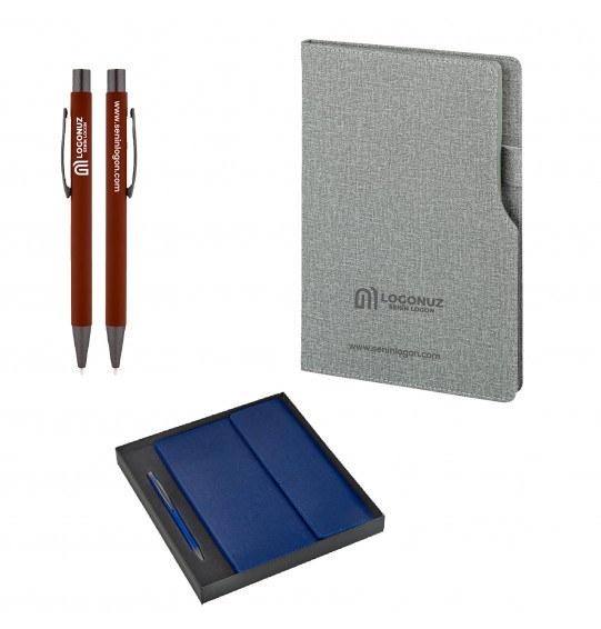 MGA-Z2320-K Gri Hediyelik Set -Termo Deri Not Defteri USB - Metal Tükenmez Kalem Roller