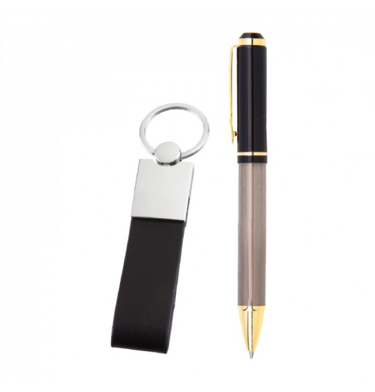 MGA-Z5011 Füme Siyah Hediyelik Set - Metal Tükenmez Kalem - Metal Suni Deri Anahtarlık