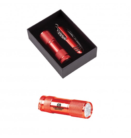MGA-Z5041 Kırmızı Hediyelik Set 7 Fonksiyonlu Çakı - Led El Feneri