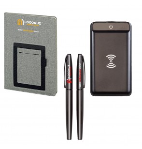 MGA-Z5054 Siyah Hediyelik Set - 10.000 Mah Powerbank -Defter - Metal Roller Kalem