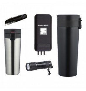 5067 Siyah - Krom Mug Hediyelik Set - Powerbank - Çakı - Fener - Termos Seti