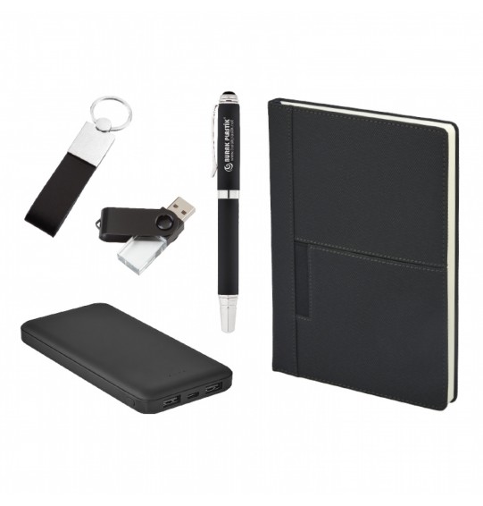 5068 Siyah Hediyelik Set - Powerbank - Defter - Kalem - Anahtarlık - USB Seti
