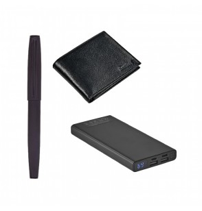 5069 Siyah Hediyelik Set - Powerbank - Deri Cüzdan- Kalem Seti